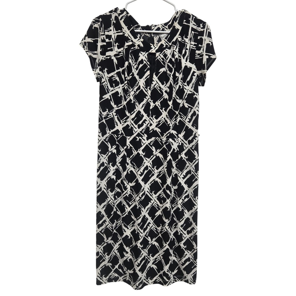 Karin Stevens Black White Abstract Geometric Print Short Sleeve‎ Midi Dress 10
